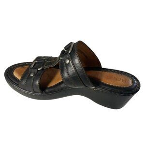 Born Black Wedge Leather Sandals, Straps with Silver Buckles, Comfortable, sz 7